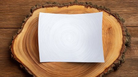 A blank white paper placed on a natural wooden slice offers a versatile background for creative projects, presentations, and artistic designs. Perfect for any use.の素材
