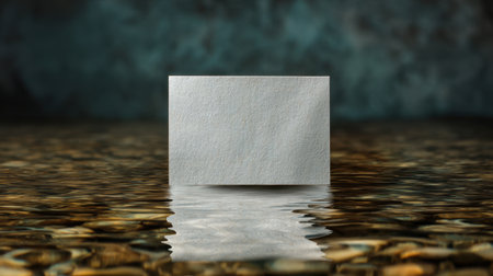 A blank white card is set against a reflective water surface, showcasing a textured background that enhances creativity and artistic expression for various projects.の素材