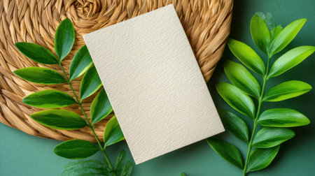 A blank textured card rests on a natural woven mat surrounded by lush green leaves, providing a serene and stylish backdrop ideal for templates or creative presentations.の素材