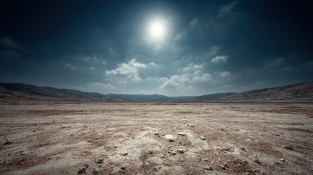 A stunning portrayal of an expansive barren landscape bathed in sunlight. The dramatic sky and rocky terrain highlight nature's stark beauty in arid regions.の素材