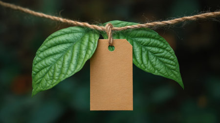 A beautiful arrangement of green leaves with a blank kraft paper tag suspended on twine. Perfect for eco-friendly labeling and crafting projects in a natural setting.の素材
