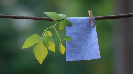 A blue cloth hangs from a branch alongside fresh green leaves, embodying tranquility and nature's beauty. Perfect for serene and eco-friendly visuals.の素材