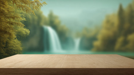 A serene natural landscape features cascading waterfalls nestled among lush greenery, with a wooden surface in the foreground inviting relaxation and peace.の素材