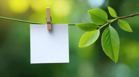 A minimalist scene featuring blank note paper clipped to a branch with vibrant green leaves. Ideal for themes of communication, nature, and eco-friendliness.の素材
