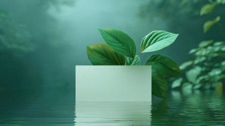 Serene image of green leaves above a calm water surface, creating a peaceful and tranquil atmosphere, perfect for nature-themed projects or inspirational messages.の素材