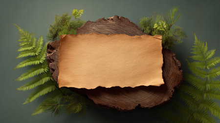 Beautiful wooden background featuring textured paper surrounded by lush ferns, perfect for organic-themed designs, invitations, or creative projects in nature.の素材