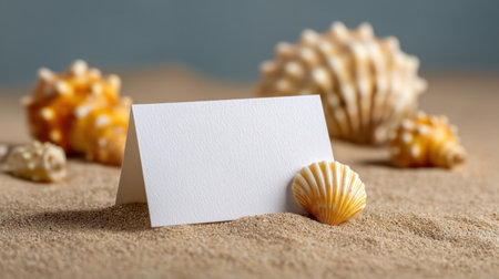 A blank white card rests on a sandy beach, accompanied by beautiful seashells, creating a perfect setting for summer-themed invitations or advertisements.の素材