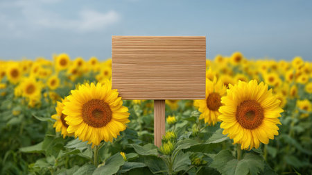A picturesque sunflower field highlighted by a blank wooden sign, perfect for custom messages or branding. Enjoy the radiant beauty of nature and creativity.の素材