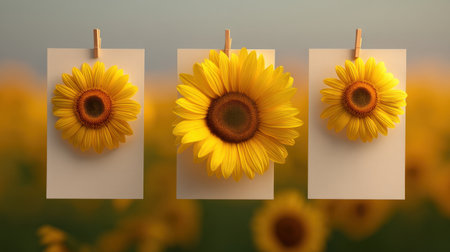 A captivating arrangement of sunflowers mounted on blank cards, set against a stunning sunflower field backdrop, blending creativity and nature in a vibrant display.の素材