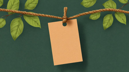 A charming and versatile blank kraft paper tag hangs from a natural rope, surrounded by lush green leaves on a textured green backdrop, ideal for creative projects.の素材