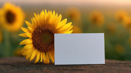 A stunning sunflower stands proudly next to a blank white card resting on a wooden table, set against a vibrant field backdrop during a picturesque sunset.の素材