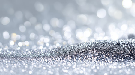 Close-up of sparkling silver glitter on a softly blurred background creates a mesmerizing bokeh effect, perfect for artistic designs and festive celebrations.の素材