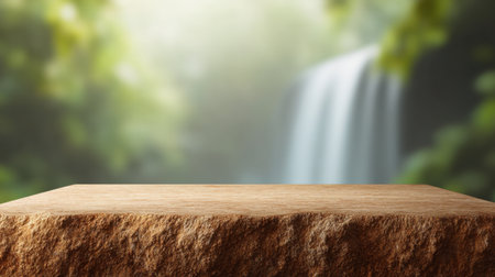 This image captures a tranquil setting featuring a rustic wooden surface with a gentle waterfall and lush greenery in the background, perfect for nature-themed projects.の素材