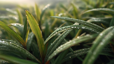 Close-up image of green grass leaves adorned with dew drops in soft morning light. The scene embodies nature's beauty, freshness, and tranquility.の素材