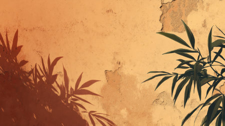 A picturesque scene showcasing a warm orange wall with intricate textures and the soft shadows of green leaves, evoking tranquility and natural beauty.の素材