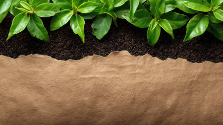 This image showcases fresh green leaves emerging from rich brown soil, symbolizing growth and natural beauty. Perfect for environmental or gardening themes.の素材
