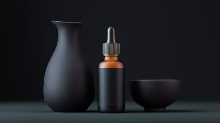 Discover a stunning minimalist setup featuring a black ceramic vase, an amber dropper bottle, and a round bowl, ideal for modern home decor and aesthetic inspiration.の素材