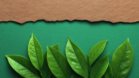 A visually appealing arrangement of green leaves on a textured brown and green background, perfect for eco-friendly themes and nature-focused design projects.の素材