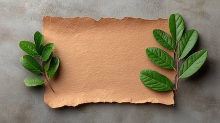 Beautifully styled rustic paper with fresh green leaves on a grunge background. Ideal for creative projects, invitations, or any artistic endeavor.の素材