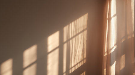 Soft sunlight filters through light curtains, creating delicate shadows that enhance the serene ambiance of a minimalistic interior space, perfect for relaxation.の素材