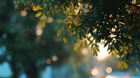 A close-up view of vibrant green leaves illuminated by soft natural light in an urban setting, creating a calming atmosphere during golden hour.の素材