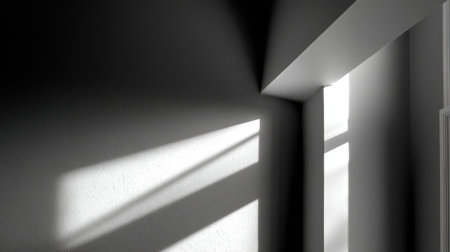 A captivating composition of shadows and light in a minimalist interior environment, highlighting geometric shapes and contrasting textures for a serene atmosphere.の素材