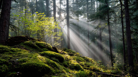 Captivating forest scene showcasing soft sunlight filtering through tall trees, illuminating lush green moss, creating a tranquil and serene atmosphere in nature.の素材