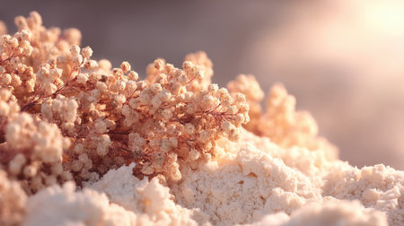 A stunning close-up of delicate dried flowers resting on a soft snowy surface, illuminated by gentle sunlight, creating a serene and peaceful winter scene.の素材