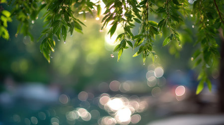 A captivating close-up view of leaves adorned with dew droplets, illuminated by soft sunlight, set against a bokeh backdrop of a serene water scene.の素材