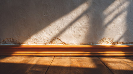 This image captures the beauty of sunlight casting shadows on a textured wall and wooden floor, highlighting the intricate details of peeling paint and warm tones.の素材
