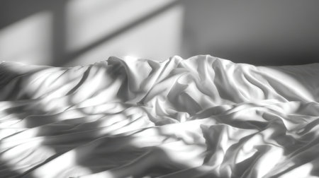A stunning display of soft white fabric laid on a bed, kissed by gentle sunlight, creating a calming atmosphere with beautiful textures and shadows.の素材