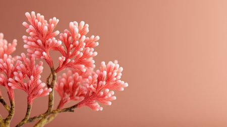 This stunning floral arrangement features delicate pink blooms reminiscent of coral, styled against a warm peach background, perfect for artful decoration and serene spaces.の素材