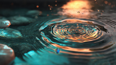 This stunning image captures ripples in clear water with stones below reflecting golden light at twilight, embodying tranquility and beauty in nature.の素材