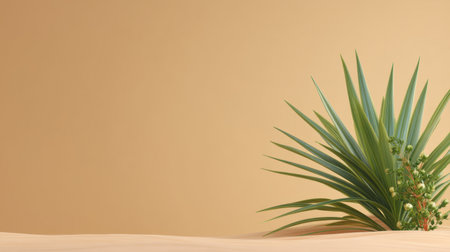 This captivating image features a lush green plant set against a soft beige background, evoking tranquility and minimalism in a serene desert landscape.の素材