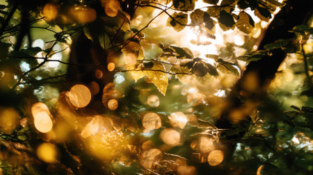 A serene forest scene showcasing sunlight filtering through lush green leaves, creating a mesmerizing bokeh effect. Perfect for evoking tranquility and nature's beauty.の素材