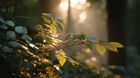 This captivating image showcases soft sunlight filtering through vibrant forest leaves, creating a tranquil atmosphere ideal for nature enthusiasts and outdoor lovers.の素材