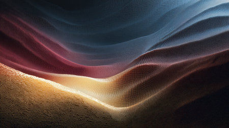 An abstract representation of flowing waves in vibrant gradients, merging colors and textures to evoke feelings of tranquility and creativity in a serene landscape.の素材