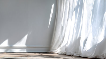 A serene interior scene featuring sheer white curtains allowing natural light to illuminate a minimalist space, casting gentle shadows on a light wooden floor.の素材