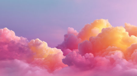 A stunning display of pastel colors fills the sky as fluffy clouds form a tranquil landscape. The vibrant pinks and oranges create a serene atmosphere ideal for artistic projects.の素材