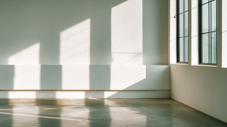 A tranquil minimalist interior space showcasing smooth floors illuminated by natural light. The interplay of shadows and sunlight creates a serene atmosphere perfect for modern design.の素材
