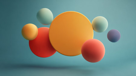 A collection of vibrant, colorful shapes floating in a serene blue background, perfect for abstract art, design inspiration, or modern decor themes.の素材