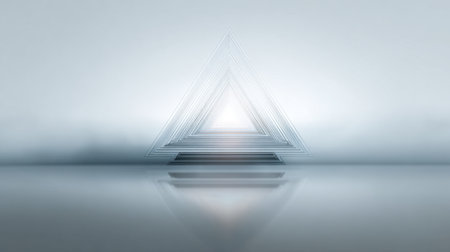 This artwork features layered triangle shapes creating an optical illusion with soft lighting and smooth reflections, set in a serene minimalist background.の素材