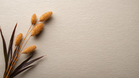 This image features an elegant arrangement of dried grass and flower stems against a textured background, perfect for adding natural beauty to various creative projects.の素材