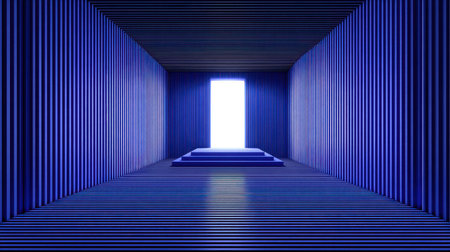 A stunning abstract interior featuring a blue palette, illuminated doorway, and striped walls, perfect for modern art or architectural themes in creative projects.の素材