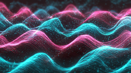 A stunning abstract representation of colorful waves, showcasing glowing pink and blue light in a fluid motion. Ideal for modern digital design projects and backgrounds.の素材