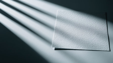 A serene and minimalist scene featuring light and shadow interacting with a blank white paper sheet, perfect for creative projects and artistic backgrounds.の素材