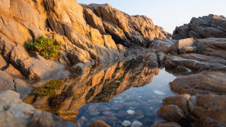 A serene coastal scene featuring calm water in a rock pool reflecting vibrant sunrise colors. This image captures the natural beauty of seaside landscapes and tranquility.の素材