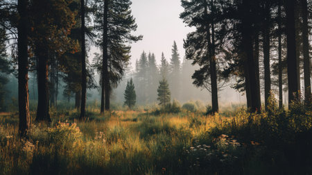 Experience the tranquility of a serene forest landscape at dawn, where tall pines rise amidst soft mist and vibrant greenery, creating a peaceful wilderness retreat.の素材