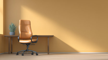 Stylish and inviting office interior featuring a leather chair and wooden desk against a warm yellow wall, illuminated by soft natural light, ideal for work.の素材