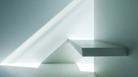 Explore a stunning minimalist interior featuring a sleek geometric shelf illuminated by natural light, creating captivating shadows and a serene atmosphere.の素材